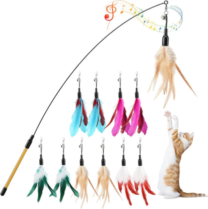 Pawaboo Feather Teaser Cat Toy - Interactive Wand with Extra Long 34.5" Wand and Small Bell, Fun Exerciser Playing Toy for Kittens or Cats, Brown Feather14