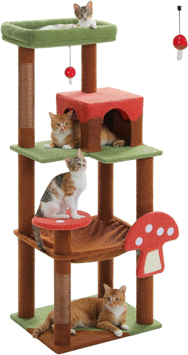 MUTTROS Mushroom Cat Tree Tower with Removable Scratcher, Large Hammock, Condo, Perch, 3 Sisal Posts – Multi-Level Cat Tree for Indoor Cats, Cute Cat Tower for Small Space Homes1