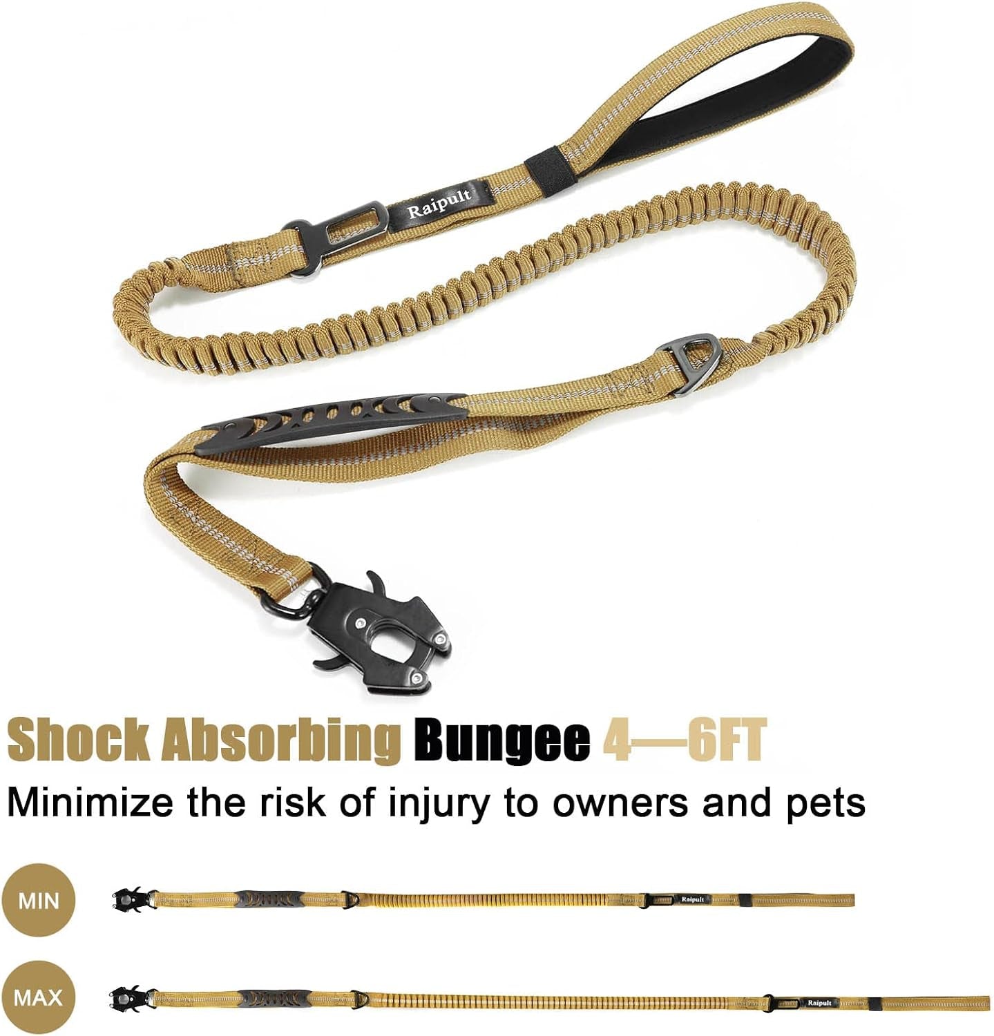raipult-tactical-dog-leash-heavy-duty-4-6ft-shock-absorbing-bungee-leash-with-quick-release-clip-2-handles-no-pull-waking-lead-with-car-seatbelt-for-medium-large-dogs-that-pull-khaki