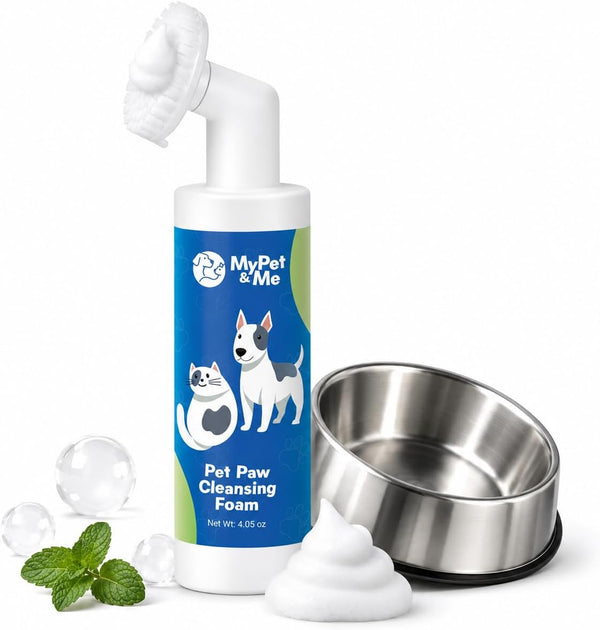 My Pet & Me Pet Bowl Cleaner Mousse with Built-In Scrub Brush, Foaming Dog & Cat Bowl Cleaner for Food & Water Dishes, Toys & Fountains, Removes Grease, Odor & Biofilm, Food-Grade, 4.05 Oz1