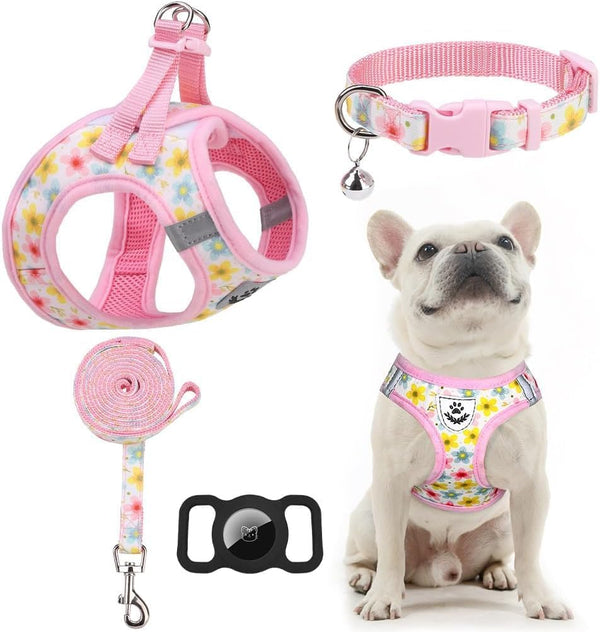 EXPAWLORER Plaid Small Dog Harness and Leash Set with Airtag Holder - No Pull Soft Padded Step in Dog Vest Harness Medium Sized Dog, Reflective Puppy Harness, Collar and Leash for Walking, Khaki S28
