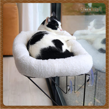 Zakkart Cat Window Perch - 100% Metal Supported from below - Comes with Warm Spacious Pet Bed - Cat Window Hammock for Large Cats & Kittens - for Sunbathing, Napping & Overlooking (White)2