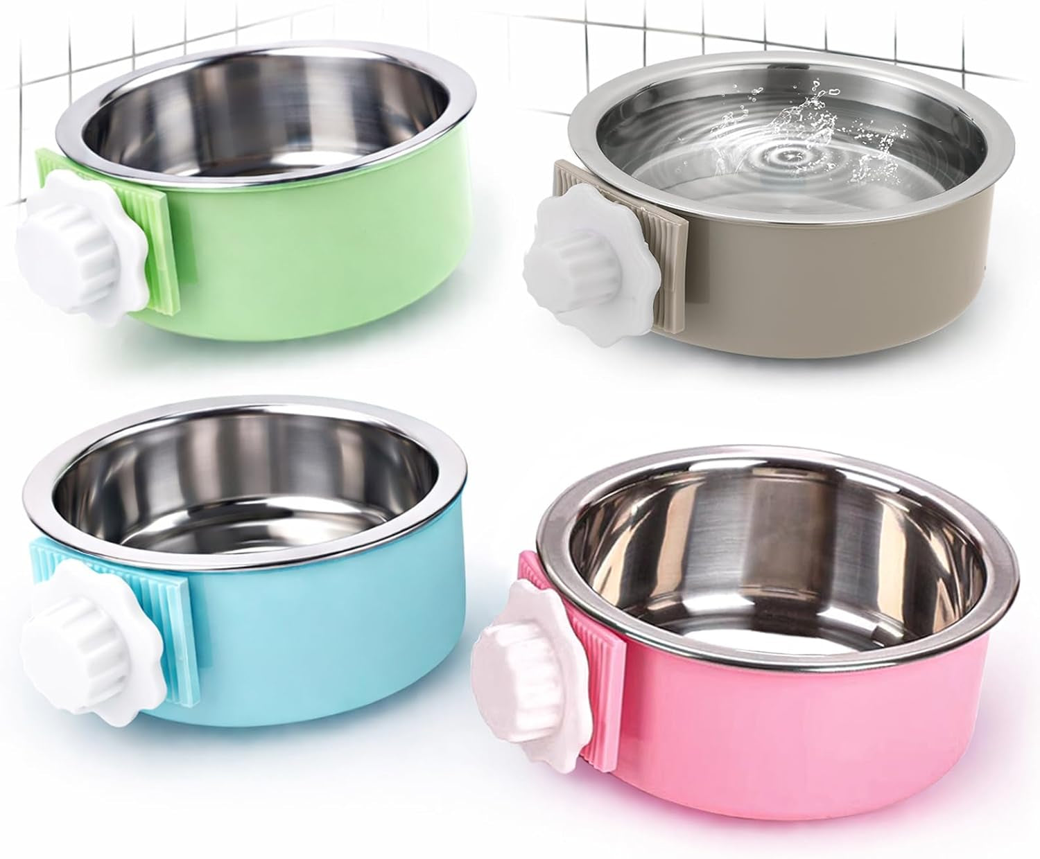 mechpia-2-pieces-crate-dog-bowl-removable-stainless-steel-pet-kennel-hanging-food-water-feeder-bowl-cage-coop-cup-for-puppy-medium-dog-cat-rabbit-ferret-bird-blue-green