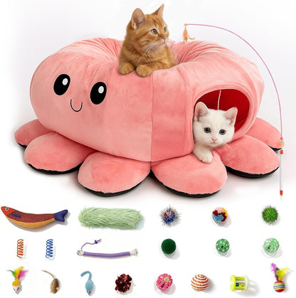 Cat Tunnel Bed with 20 Cat Toys, Collapsible Play Tunnel for Indoor Cats, Kitten Toys for Indoor Kittens, Octopus Shaped1