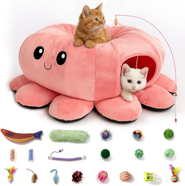 Cat Tunnel Bed with 20 Cat Toys, Collapsible Play Tunnel for Indoor Cats, Kitten Toys for Indoor Kittens, Octopus Shaped1