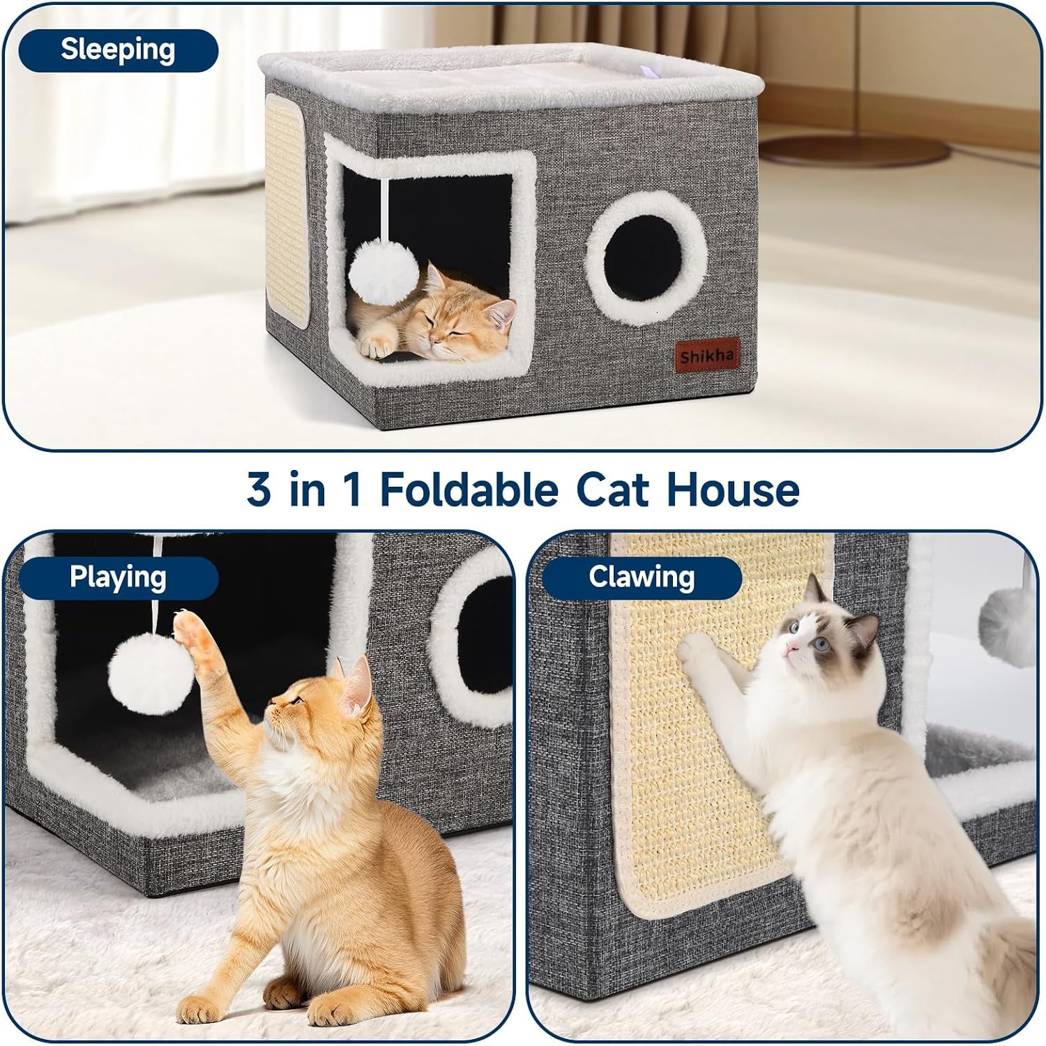 shikha-cat-house-bed-for-indoor-cats-with-fluffy-ball-and-scratch-pad-grey-foldable-large-cat-cave-hideaway-with-cozy-condo-hide-and-seek-window-holds-up-to-30lbs-all-season-reversible-cushion