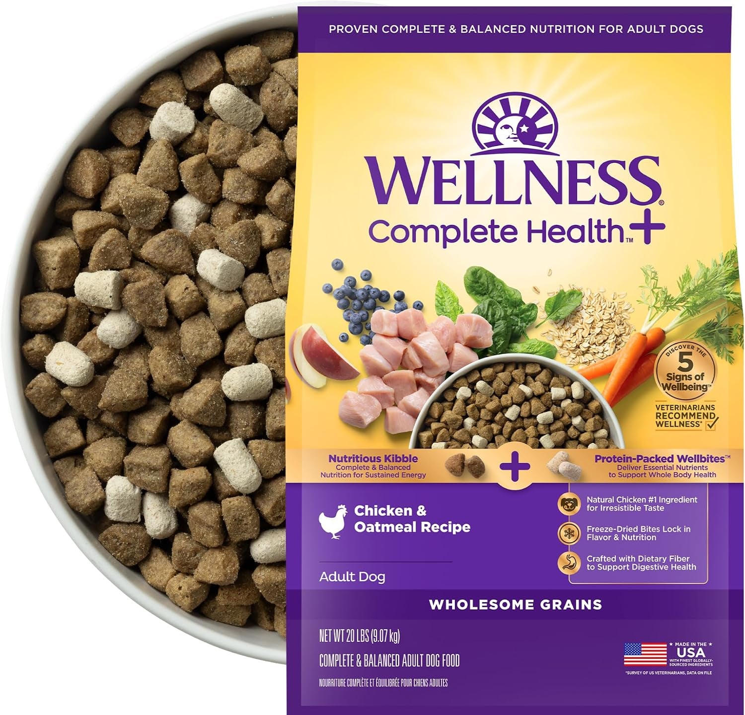 wellness-complete-health-adult-dry-dog-food-with-freeze-dried-wellbites-wholesome-grain-kibble-natural-chicken-and-oatmeal-recipe-4-lb-bag