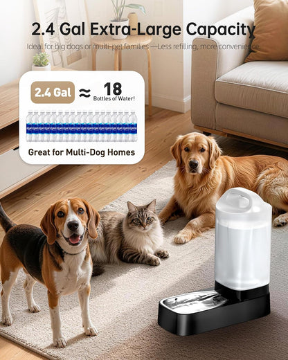 Automatic Dog Water Bowl Dispenser - 2.4 Gallon Gravity Pet Water Dispenser with 304 Stainless Steel Bowl, Dog Auto Feeders Bowls Self Waterer, Easy-Carry Handle for Large Dogs & Cats, Multi-Pet Home2
