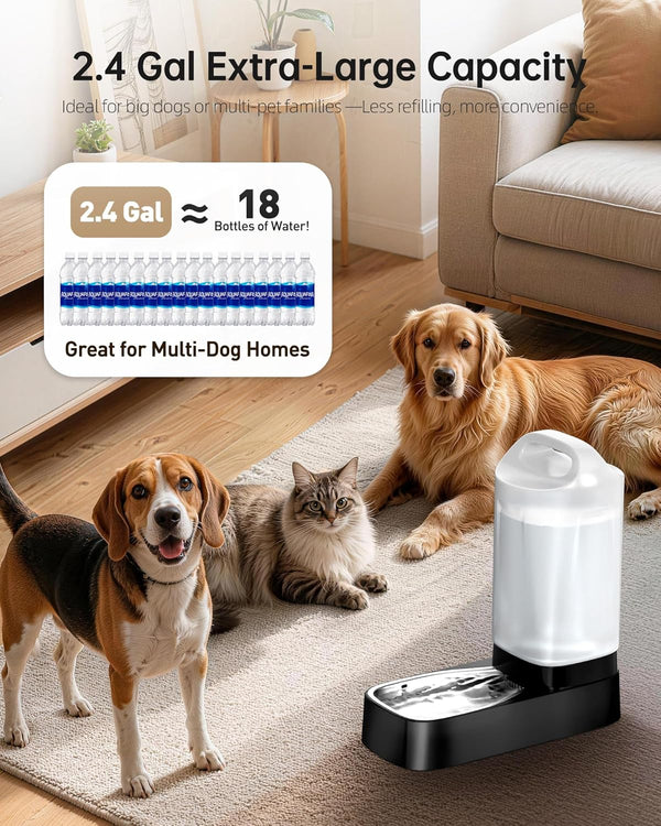Automatic Dog Water Bowl Dispenser - 2.4 Gallon Gravity Pet Water Dispenser with 304 Stainless Steel Bowl, Dog Auto Feeders Bowls Self Waterer, Easy-Carry Handle for Large Dogs & Cats, Multi-Pet Home2