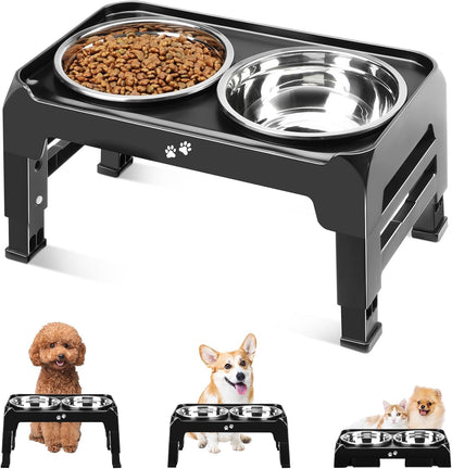 COMESOON Elevated Dog Bowls for Small Medium Dogs, 3 Height Adjustable Raised Stand with 2 Thick 6" Stainless Steel Food Bowls, Non-Slip Feeder Adjusts to 2.75", 6", 7.5", Black1