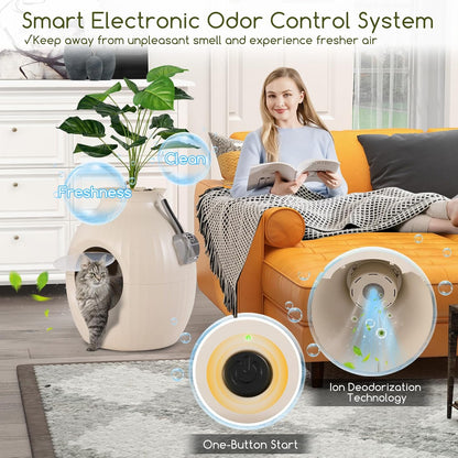 Tangkula Hidden Litter Box Plant, Cat Litter Box Enclosure Furniture with Odor Removal System, 4 Modes Lights, Artificial Plant, Pebbles, Door, Scoop, Planter Litter Box for Large Cats, Easy to Clean3