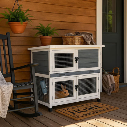 2 Story Solid Wood Rabbit/Bunny Hutch with 2 Large Main Rooms, Indoor Outdoor Rabbit House Guinea Pig Cage Pet House for Small Animals with Ventilation Door Removable Tray Waterproof Roof (Grey)8