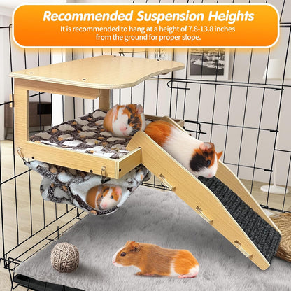 Guinea Pig Hideout，Natural Wood Removable Guinea Pig Bed, Small Animal Habitat with Hanging Hammock/Staircase/Cushion, Suitable for Small Animals to Hide, Rest, Play5