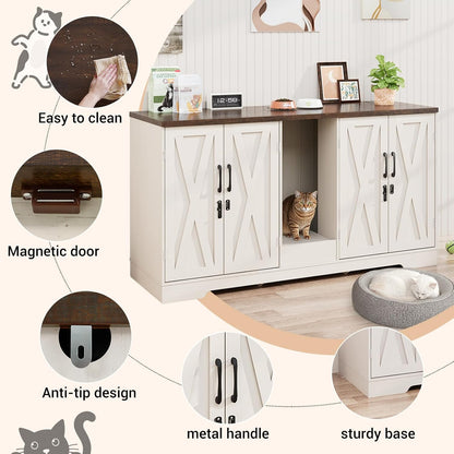 59.1" Cat Litter Box Enclosure for 2 Cats, Hidden Litter Box Furniture with Power Outlet & Removable Hallway, Lockable Door & Anti-Tip Design, Farmhouse Litter Box Cabinet with Magnetic Door, White8