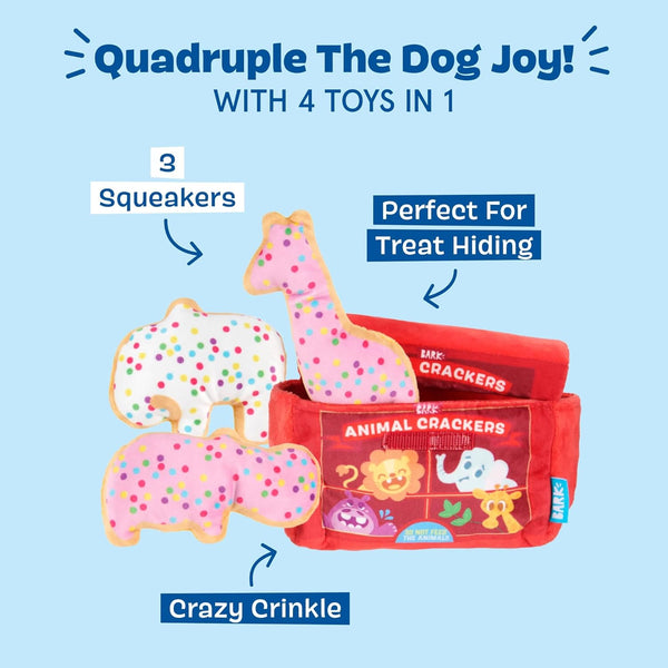 Barkbox Animal Squeakers 4-In-1 Interactive Plush Dog Toy - Squeaky Dog Toys with Crinkle Box and Treat-Hiding - for Extra Small to Small Dogs and Puppies4