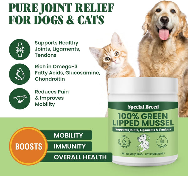 Green Lipped Mussel Powder for Dogs & Cats - 100% New Zealand Green Lipped Mussels - Natural Hip & Joint Supplement for Joints, Tendons, Ligaments, Muscles - 75 Grams - up to 250 Servings2