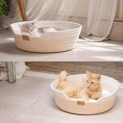 CHEERHOME PETS Cat Bed Basket with Cushion, Cotton Rope Woven Pet Bed for Indoor Cats Couch, Stimulicat Cat Bed Handwoven Breathable, All Season Universal (White)8