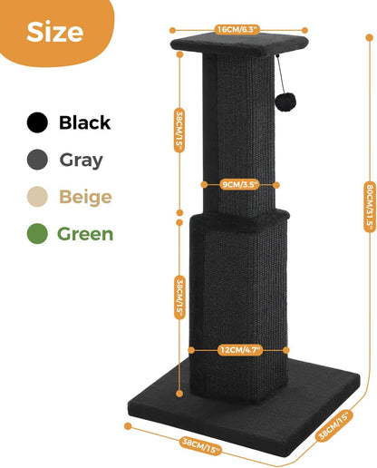 PAWZ Road Large Cat Scratching Post 32" Tall Black Cat Scratcher | Heavy Duty Cat Post with 16X16”Large Base Covered Sturdy Woven Sisal Scratcher and Cat Toy Ball for Adult and Indoor Cats2