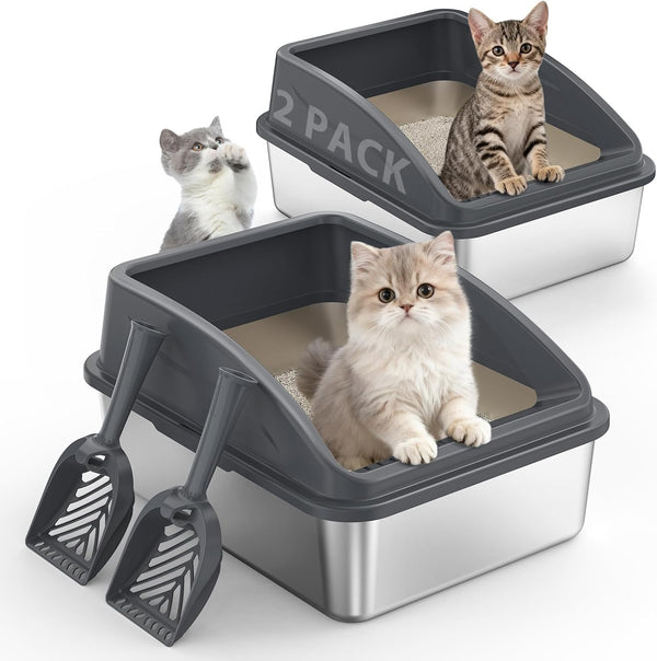 2 Pack Stainless Steel Litter Box | XL Enclosed Cat Litter Boxes with Lid for Big Cats and Multi-Cats | High Sided, Anti-Urine Leakage | Non-Stick Bottom（Dark Gray）10