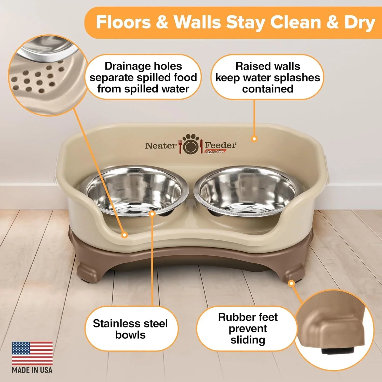 neater-feeder-express-pet-bowl-with-stainless-steel-bowls-drainage-holes-raised-walls-and-rubber-feet-to-prevent-sliding