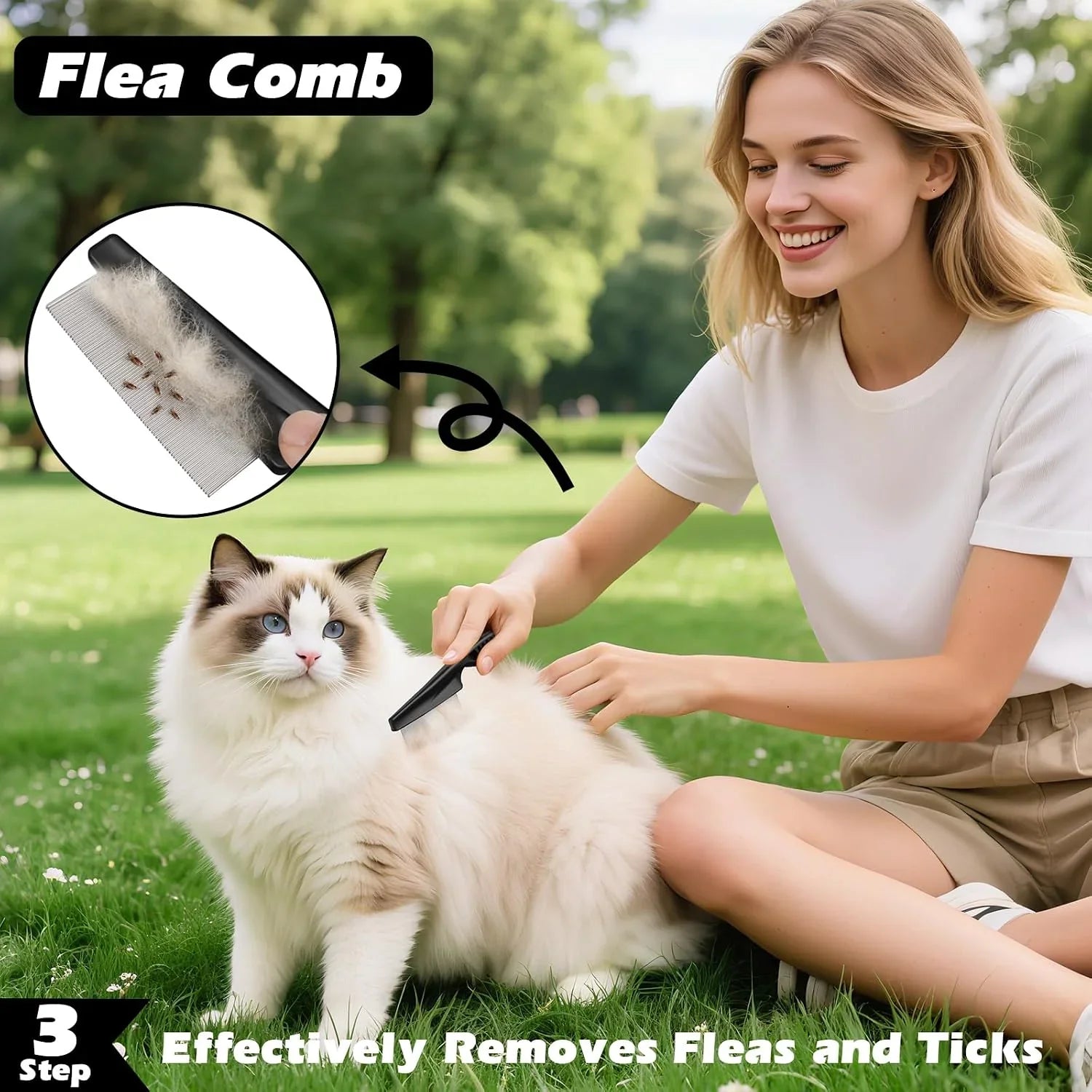 woman-grooming-fluffy-cat-outdoors-with-flea-comb-to-remove-fleas-and-ticks-pet-grooming-tool