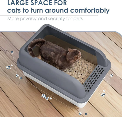 Large covered cat litter box with high walls for privacy, shown with cat inside on wood floor6