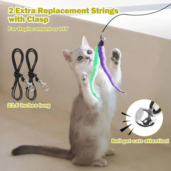 Cat playing with feather wand toy featuring bell and 23.6-inch replacement strings for interactive pet play6