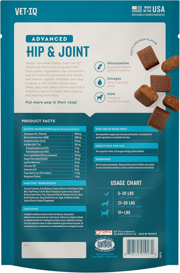 Vetiq Advanced Hip & Joint Chews, 60 Ct Chicken Flavor, Glucosamine for Dogs, Hip and Joint Supplement with Omega 3, Chondroitin, MSM, Green Lipped Mussel, Increases Mobility, Maintains Muscles | Increases Mobility & Maintains Muscle; Glucosamine, Chondroitin, MSM & Omega-3; Green Lipped Mussel; Chicken Flavor7