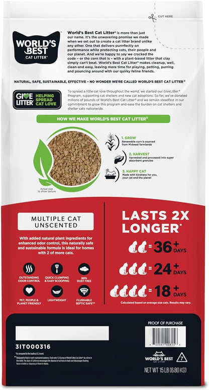 World'S Best Cat Litter, Multiple Cat, Unscented, Odor Control, 15 Lb Bag | Controls Tough Multi-Cat Odors and Lasts 2X Longer; Natural Corn Litter, Quick Clumping, Flushable, 99% Dust Free2
