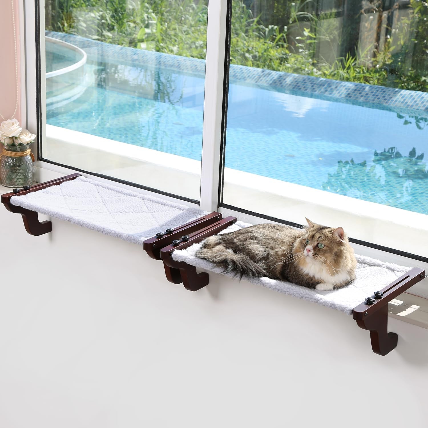 zakkart-2pc-easy-seat-cat-perch-for-window-sill-hammock-design-w-pine-wood-robust-metal-frame-cat-window-seat-for-large-cats-and-kittens-natural-color-wood-w-gray-bed-large-26w-x-14d