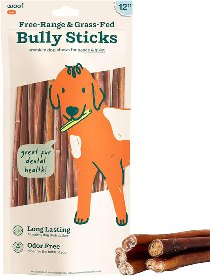 WOOF Bully Sticks Dog Treats - Chew Sticks for Dogs - Long-Lasting Dog Chew Treats - Made with Free-Range, Grass-Fed Beef - 6" Sticks - 10Pk9