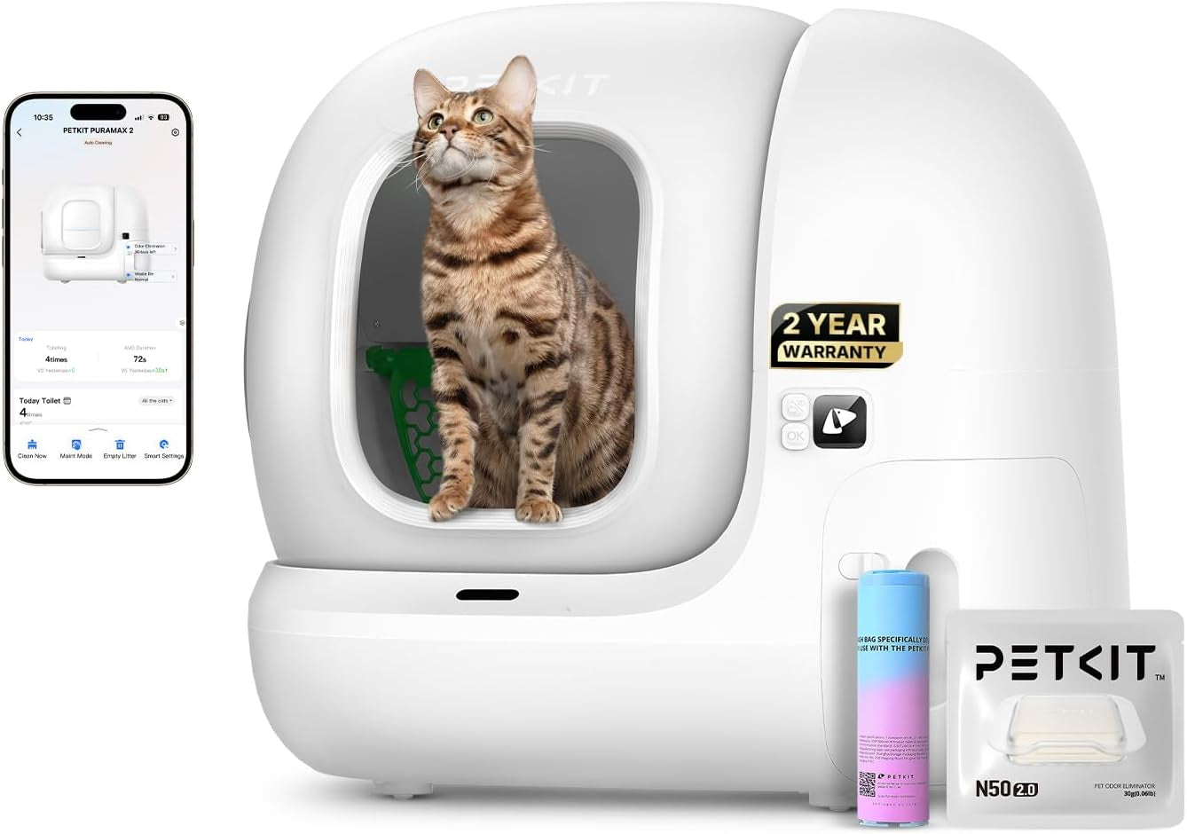 petkit-puramax-2-automatic-self-cleaning-cat-litter-box-app-control-automatic-litter-box-with-safety-sensors-odor-free-anti-leakage-basic-bundle-includes-trash-bags-2-4g-wifi-low-entrance