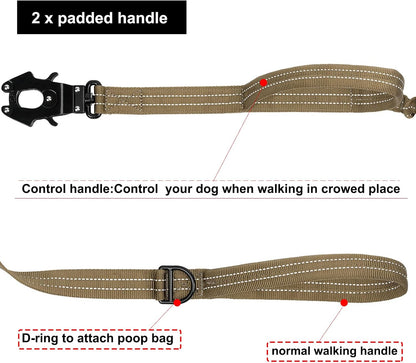 ICEFANG Tactical Dog Leash with Quick-Release Metal Clasp,Bungee-Dog Lead | with 2 Control Handles,Hands Free D-Ring ,Reflective ,4Ft Length for Medium Large Dogs, Brown3