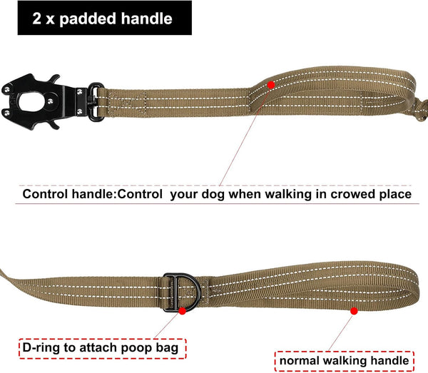 ICEFANG Tactical Dog Leash with Quick-Release Metal Clasp,Bungee-Dog Lead | with 2 Control Handles,Hands Free D-Ring ,Reflective ,4Ft Length for Medium Large Dogs, Brown3