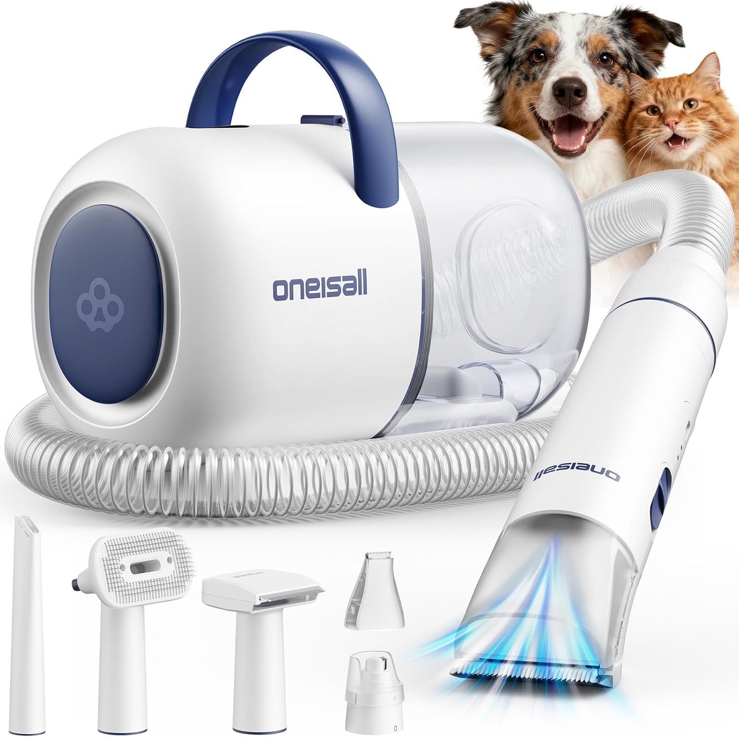 oneisall-dog-grooming-vacuum-kit-with-6-tools-powerful-15000pa-suction-clippers-trimmer-nail-grinder-59db-2l-large-canister-easy-to-clean-empty