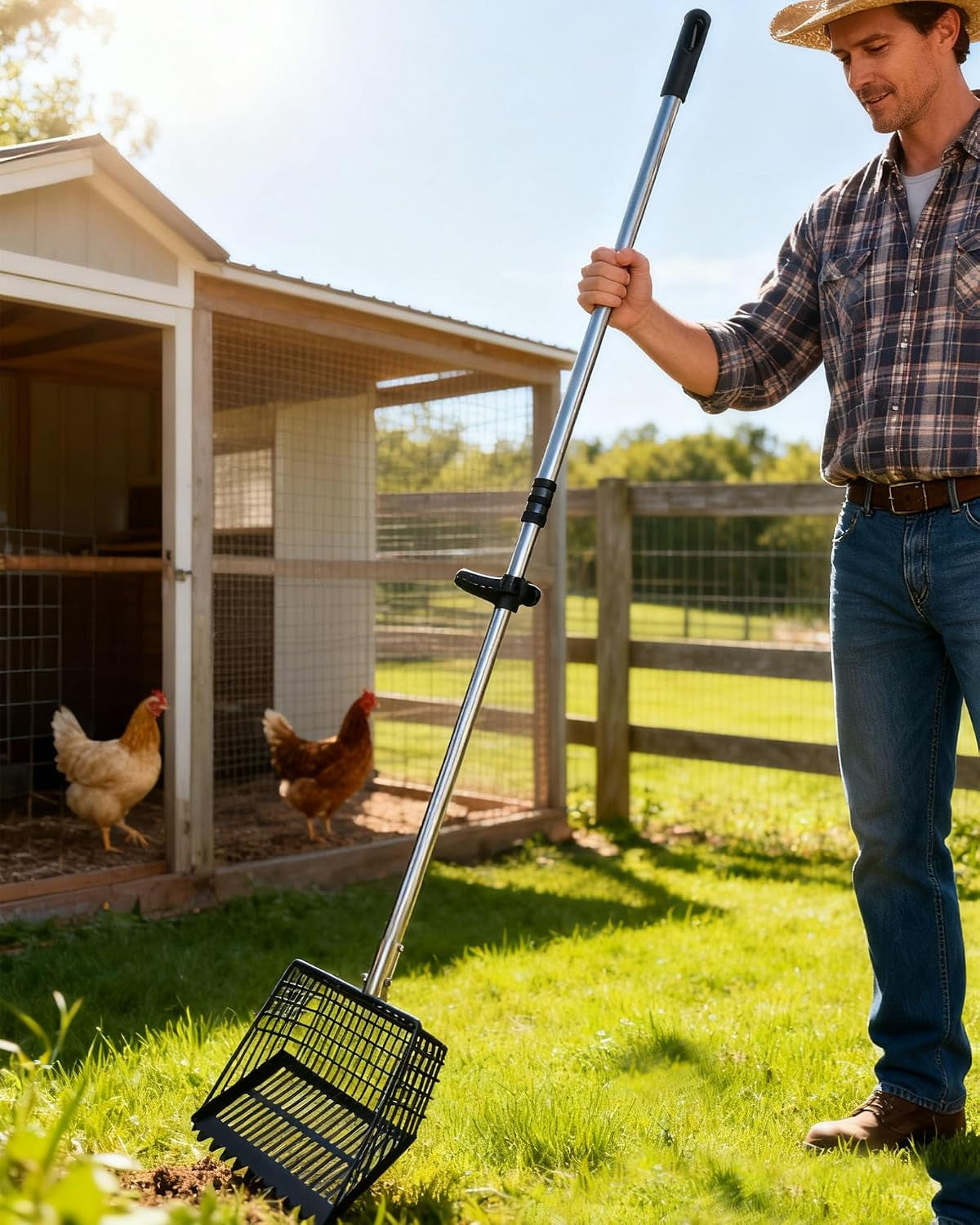 chicken-poop-scooper-rake-2-in-1-adjustable-35-65-stainless-steel-handle-heavy-duty-metal-black-shovel-head-for-chicken-coop-cleaning-pet-waste-cat-litter-sifting