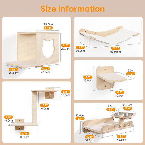 8-In-1 Cat Wall Shelves for Large Cats, Wall Mounted Cat Furniture with Feeding Station&Extra Wide Hammock, Heavy Duty Cat Climber for Indoor Cats to Sleep Play & Eat, 44Lbs Capacity, Wood3
