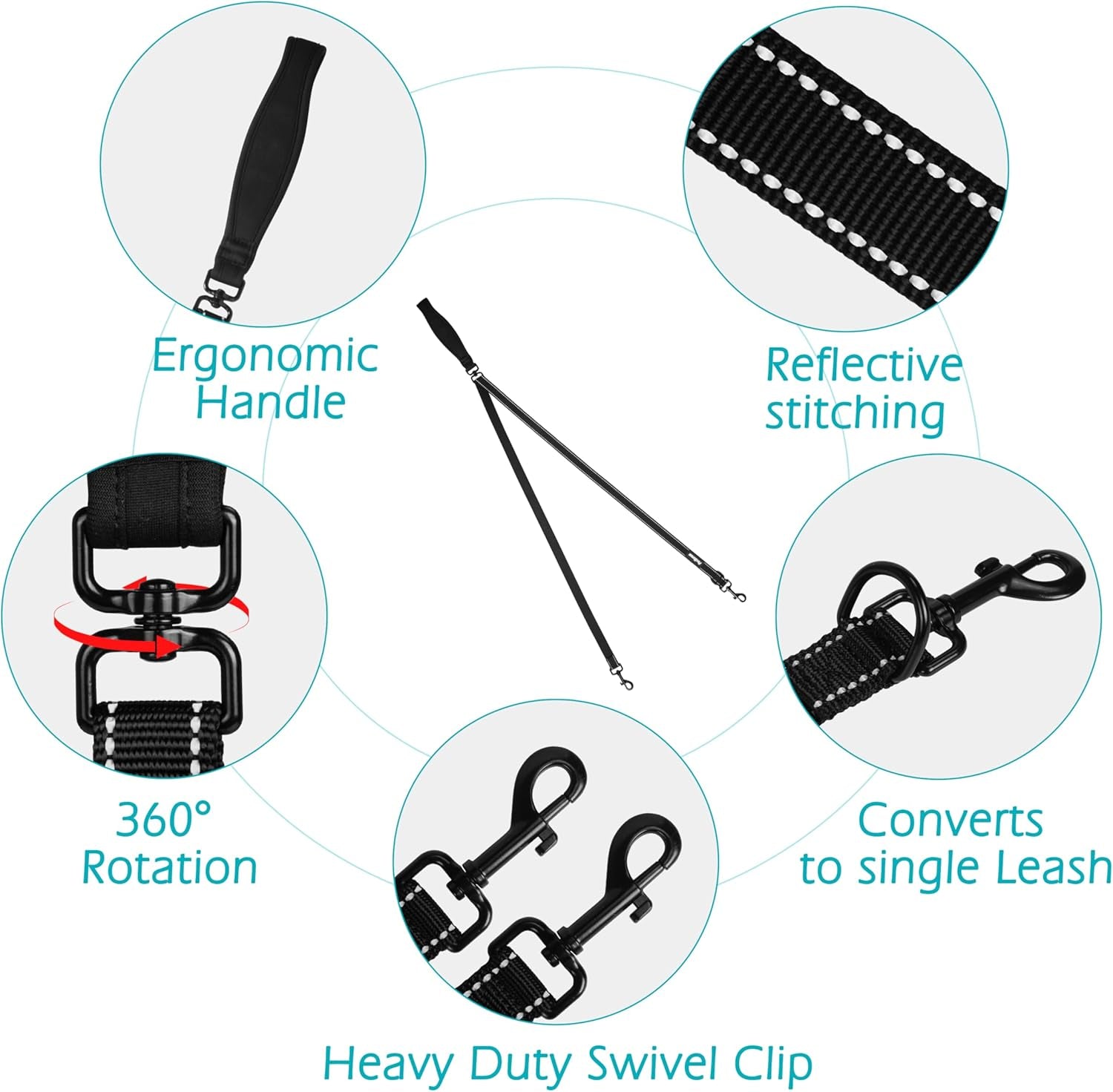 petbonus-two-point-control-dog-leash-no-tangle-training-walking-leashes-soft-padded-handle-reflective-works-with-no-pull-harnesses-converts-to-single-lead-for-medium-large-dogs-black
