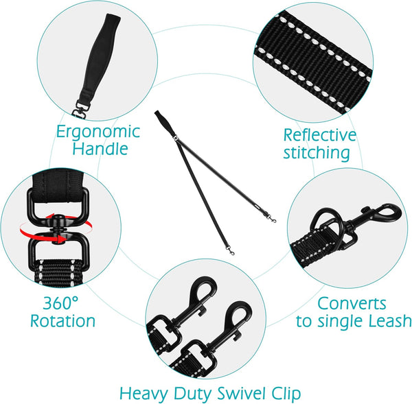 Petbonus Two Point Control Dog Leash, No Tangle Training Walking Leashes | Soft Padded Handle, Reflective, Works with No Pull Harnesses, Converts to Single Lead for Medium Large Dogs, Black3