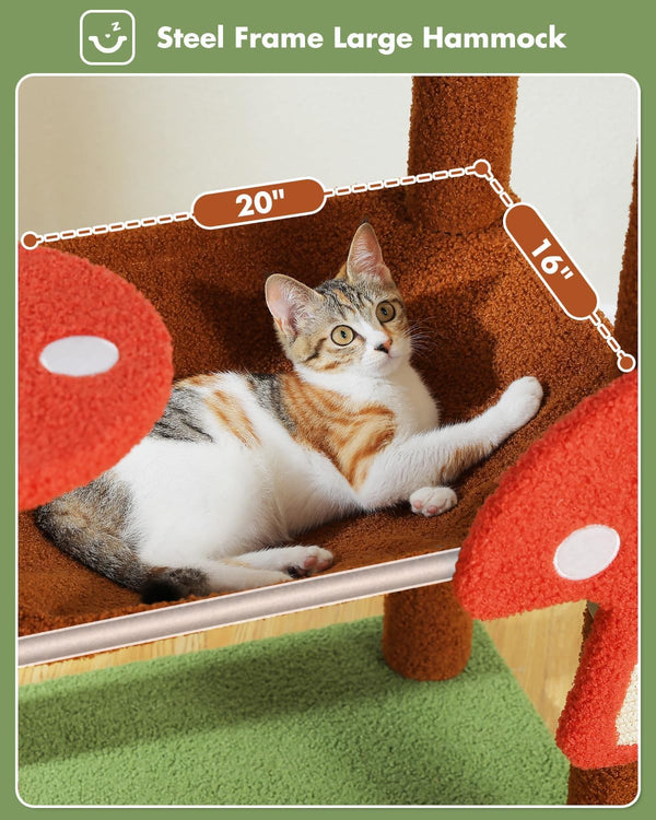 MUTTROS Mushroom Cat Tree Tower with Removable Scratcher, Large Hammock, Condo, Perch, 3 Sisal Posts – Multi-Level Cat Tree for Indoor Cats, Cute Cat Tower for Small Space Homes3