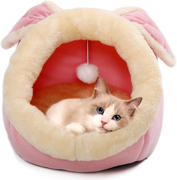 Cat Beds for Indoor Cats-Rabbit-Shaped Cat Cave Bed with Hanging Toy,Grey M | Super Soft Calming Cat Tent House for Kitten&Puppy,Warm Plush&Machine Washable&Removable Cushioned Pad,Cute Cat Hideaway11