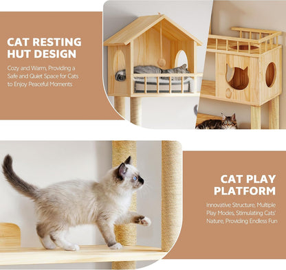 Wood Cat Tree for Automatic Litter Box, 5 Tier Cat Tower, 74 Inch | Tall Cats Tree for Indoor Cats Large Adult, Solid Wood Cat Furniture for Self Cleaning Litter Box, W/Scratching Post, House6