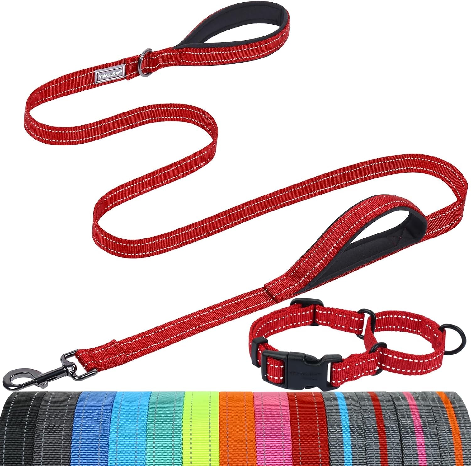 vivaglory-double-handle-dog-leash-twingrip-6ft-x-1in-navy-dog-leash-for-collar-with-traffic-handle-2-loop-for-walking-training-traffic-control-reflective-heavy-duty-puppy-pet