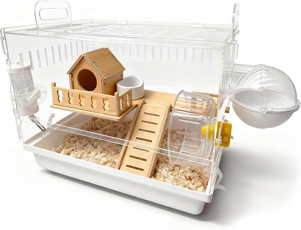 Acrylic Hamster Cage, 2-Tier Hamster Cage with Wooden Accessories for Dwarf Syrian Hamsters,14"X10"X*11" Clear Pet Mice Small Hamster Habitat Gerbils House1