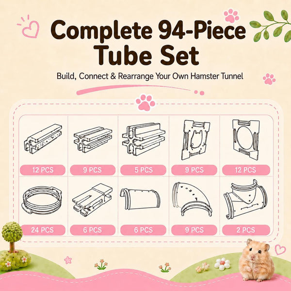 94 Pcs DIY Hamster Tunnel Tube Set, Clear Small Animal Cage Tube Kit Can Easy Viewing, 2-Inch Diameter Exercise Playground for Dwarf Hamsters, Mice & Gerbils5