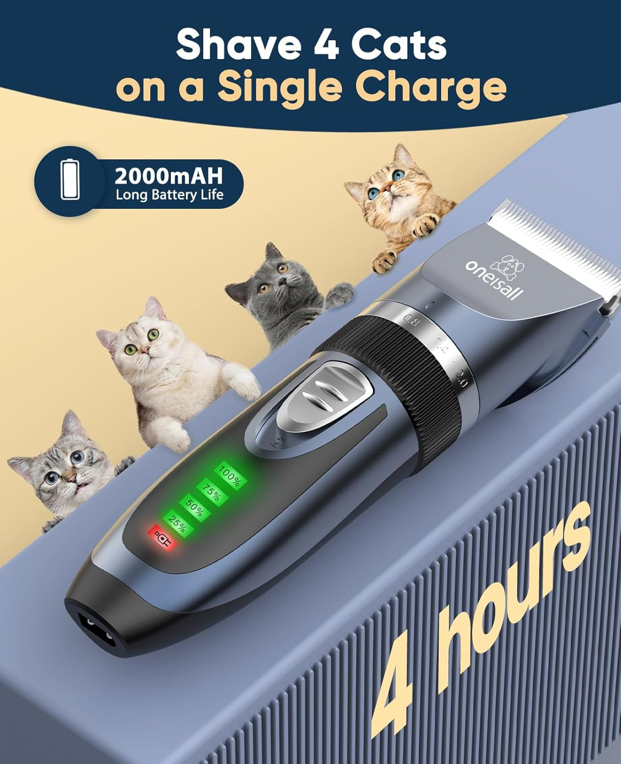 oneisall-quiet-cat-clippers-for-matted-hair-long-hair-cat-shaver-cordless-cat-grooming-kit-lcd-display-6-guard-combs-240-min-runtime-2-speed-low-noise-trimmer-for-cats-small-dogs