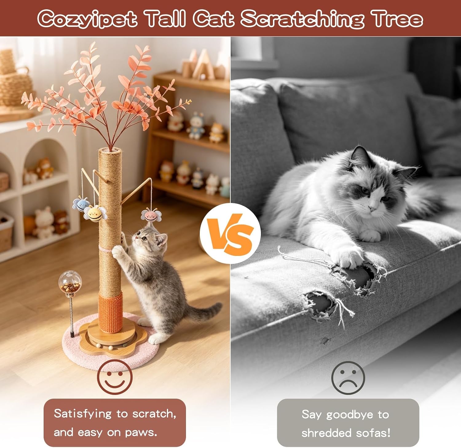 45-tall-cat-scratching-post-for-large-cats-adults-grooming-brush-track-ball-spring-feeder-3-bee-toys-sisal-rope-large-cat-scratcher-tree-with-leaves-for-indoor-cats-pink
