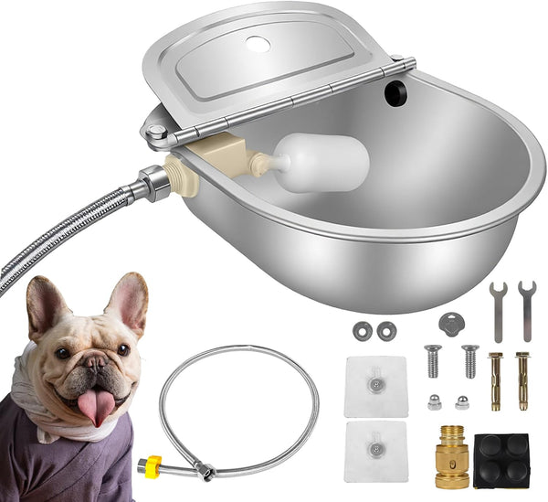 Automatic Pet Water Bowl with Float Valve, 304 Stainless Steel, Includes Bowl, Valve, 40" Hose, Adapters, Bolts, Wrench, Fits 1/2" & 3/4" Faucets, for Dogs/Livestock, Drain Hole1