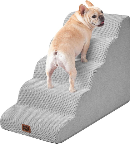 EHEYCIGA Curved Dog Stairs Ramp for 5-Step High Beds, 22.6" H Dog Steps | 33D Density of Pure Foam, for Small Dogs and Cats, Pet Stairs for High Bed Climbing, Non-Slip Balanced Pet Step Indoor, Grey50