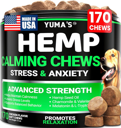 Hemp Calming Chews for Dogs - Advanced Dog Calming Chews - 170 Chews - Anxiety Relief Treats - Separation Aid, Barking, Stress Relief, Thunderstorms - Melatonin - Hemp Oil - Made in USA1